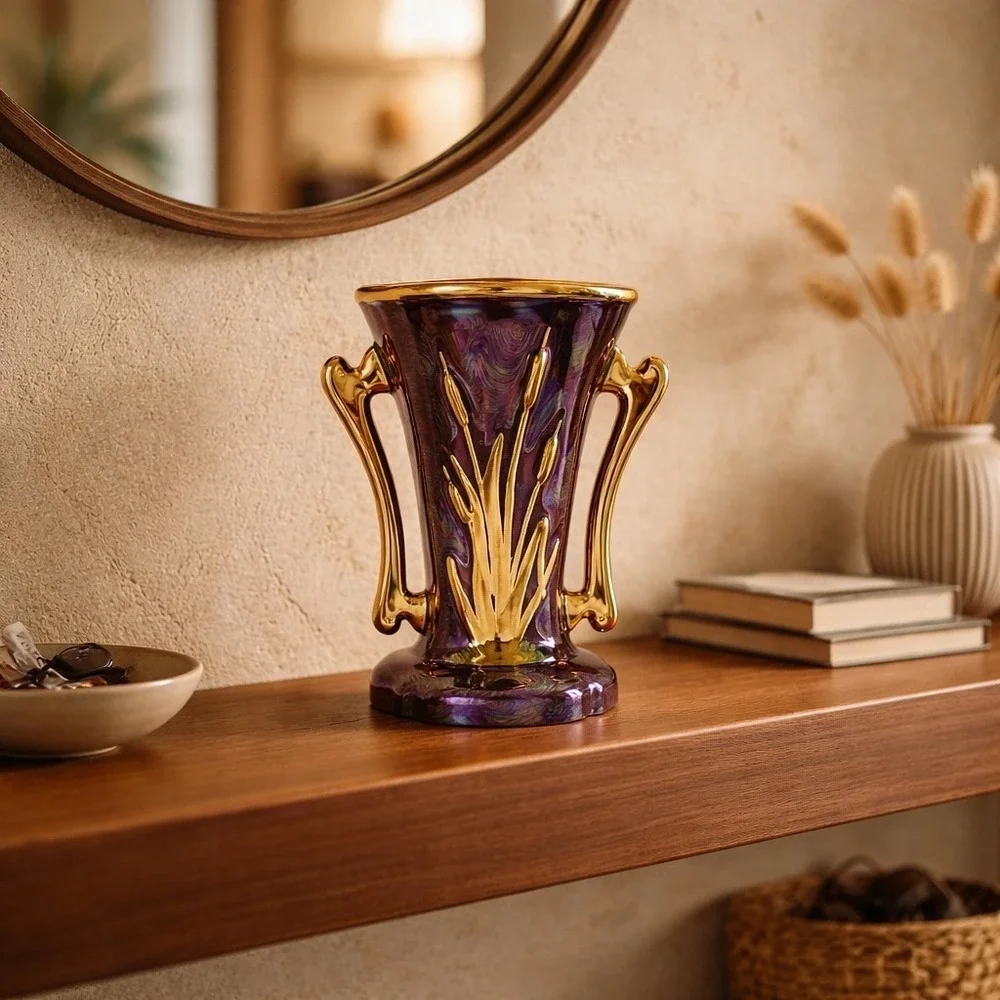 Vintage Burgundy Art Nouveau Vase Iridescent Gloss With 22K Gold Accents - GUC